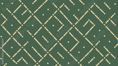 A repeating pattern of lines and dots forming a grid on a dark green background seamlessly tiled