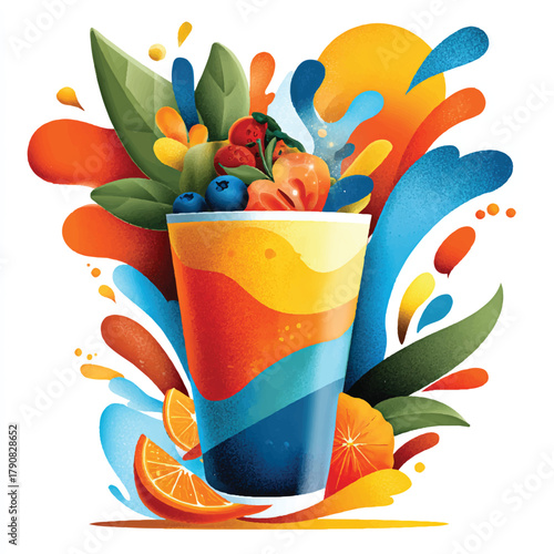 Colorful Fruit Smoothie Illustration with Orange and Berry Garnishes A Vibrant and Refreshing Design for Healthy Beverages and Summer Treats Featuring Layers of Color and Artistic Flair