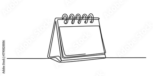 Continuous line drawing of an empty desk calendar with spiral binding, perfect for time management, scheduling, planning, appointments, events. Vector