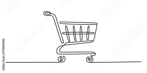 Minimalist one line art shopping cart illustration, simple continuous stroke drawing representing online retail, e-commerce, and purchase concepts Vector