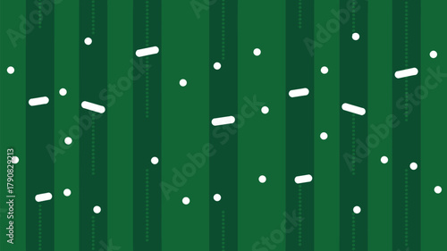 A green striped background with white dots and dashes scattered across the entire composition field