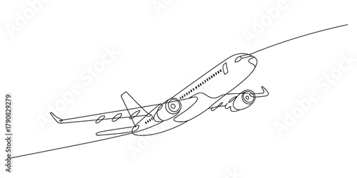 Minimalist continuous line art drawing of a commercial passenger airplane taking off, symbolizing travel, freedom, and global connection Vector