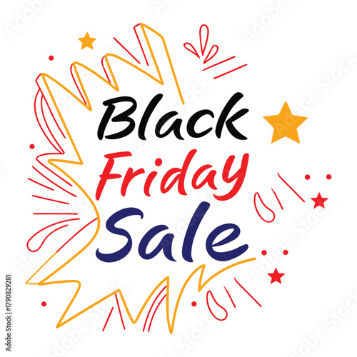 Black Friday Sale text with red yellow and blue abstract shapes and stars discount promotion