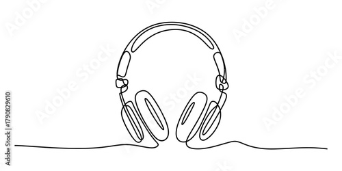 Continuous line drawing of modern studio headphones, minimalist illustration of audio equipment for music, podcast, and sound enjoyment Vector
