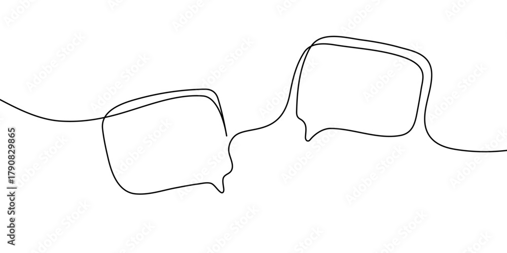 Naklejka premium Continuous one line drawing of speech bubbles and chat icons. Minimalist vector illustration of communication bubbles, including blank templates for messages, tips, or dialog boxes.