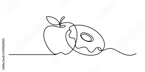 Continuous one line drawing of an apple and a donut, representing healthy and unhealthy food choices in a simple, minimalist vector art. Vector