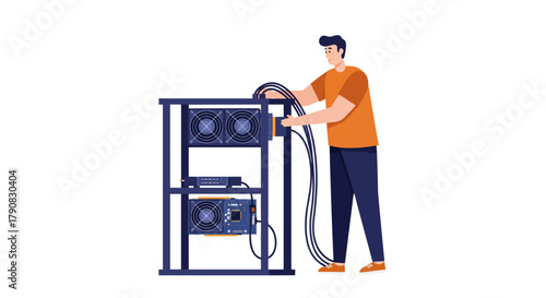 A male IT technician in an orange shirt connects cables to a large black server rack in minimalist flat vector style, ideal for data center, networking, cloud computing, or IT infrastructure illustrat