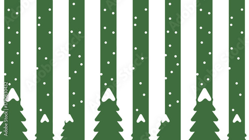 Green striped background with christmas trees covered in snow and white dots falling down image