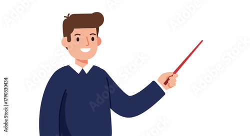 A smiling male teacher in a vest holding a red pointer stick and gesturing toward the viewer in friendly flat vector style, suitable for education, classroom, training, or presentation concepts.