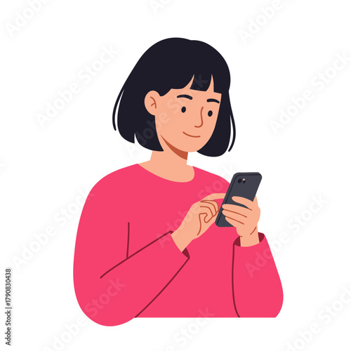 A young woman with long brown hair concentrates on her pink smartphone with a serious expression in minimalist flat vector style, suitable for social media addiction, mobile technology, or modern comm