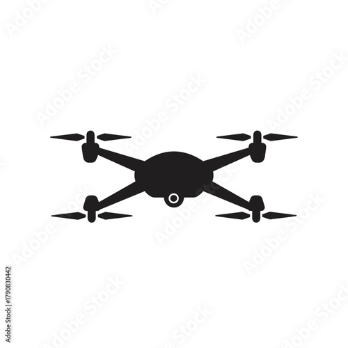 A minimalist black silhouette of a four-rotor quadcopter drone shown from below in clean flat vector style, perfect for technology, aerial photography, delivery drone, or surveillance concepts.
