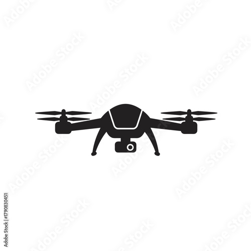 A minimalist black silhouette of a four-rotor quadcopter drone shown from below in clean flat vector style, perfect for technology, aerial photography, delivery drone, or surveillance concepts.