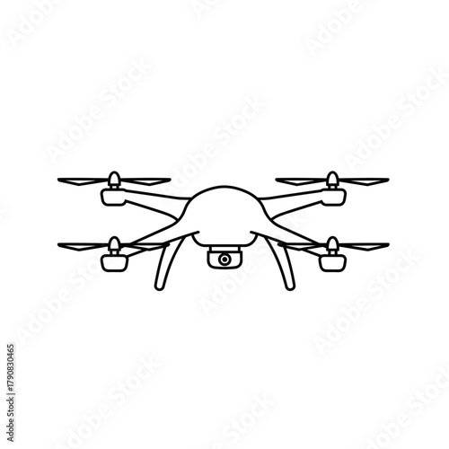 A minimalist black silhouette of a four-rotor quadcopter drone shown from below in clean flat vector style, perfect for technology, aerial photography, delivery drone, or surveillance concepts.