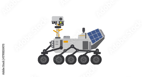 A six-wheeled planetary exploration rover equipped with cameras, robotic arm, and solar panels in detailed flat vector style, ideal for space exploration, Mars mission, or robotics illustrations.