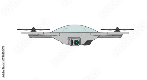 A sleek silver flying saucer with glowing blue dome and landing lights hovering in flat vector style, suitable for sci-fi, alien invasion, extraterrestrial, or space mystery concepts.