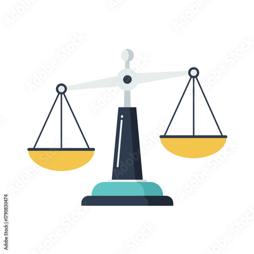 A classic golden scales of justice with perfectly balanced pans on a teal base, rendered in clean flat vector style ideal for law, courtroom, fairness, or legal concept illustrations.