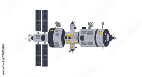 A modern communication satellite with extended solar panels and antennas floating in space, rendered in clean flat vector style ideal for technology, telecommunications, space exploration, or GPS conc