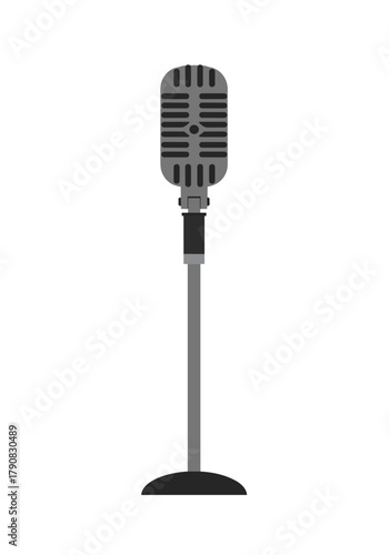 A classic retro silver microphone on a tall stand in minimalist flat vector style, suitable for podcasting, karaoke, public speaking, music recording, or broadcasting illustrations.