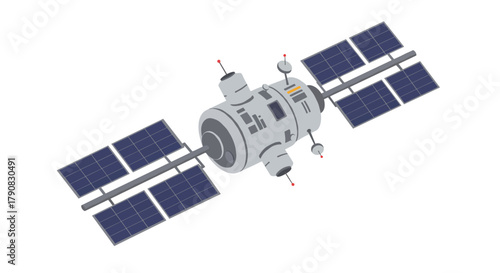 A modern communication satellite with extended solar panels and antennas floating in space, rendered in clean flat vector style ideal for technology, telecommunications, space exploration, or GPS conc