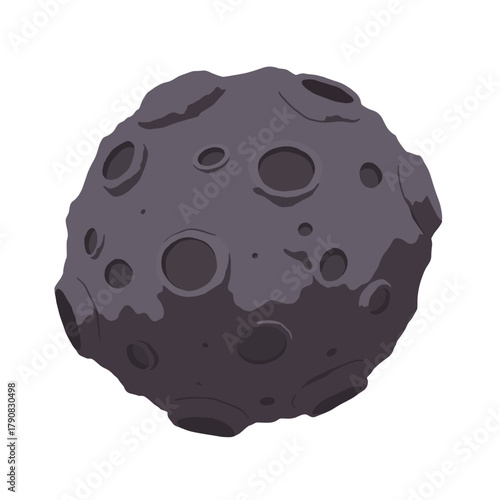 A detailed dark gray asteroid with craters floating in space, rendered in simple isometric flat vector style, perfect for space exploration, astronomy, cosmic threats, or sci-fi game elements.