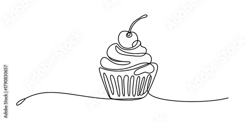 Minimalist single continuous line drawing of a sweet cupcake with elegant whipped cream frosting and a single cherry on top, dessert art illustration vector Vector