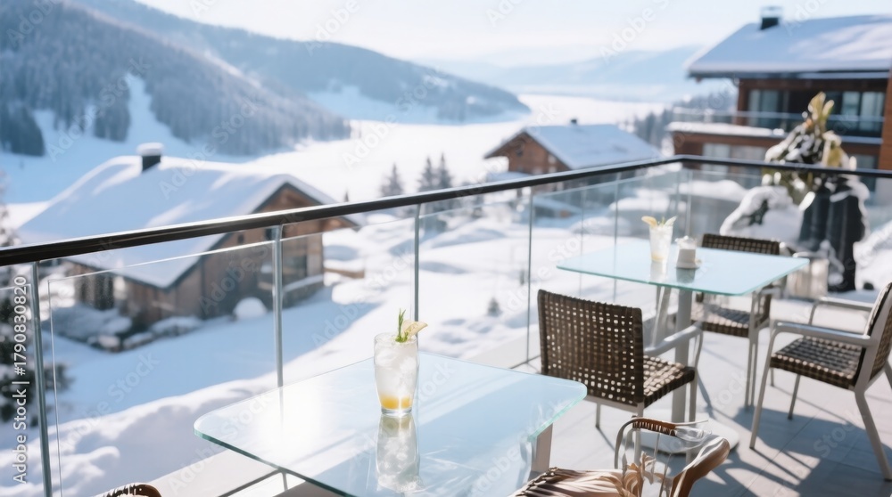 Fototapeta premium Cozy Winter Balcony with Refreshing Drink Overlooking Snowy Landscape