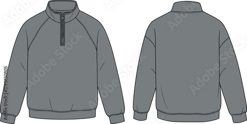 Long sleeve pullover front and back view, raglan sleeves, high collar zipper, ribbed cuffs hem, technical garment sketch, cad drawing flat vector illustration