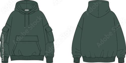 Oversized hoodie front and back flat sketch, dark green pullover with kangaroo pocket sleeve pockets ribbed cuffs hem, apparel technical drawing cad vector