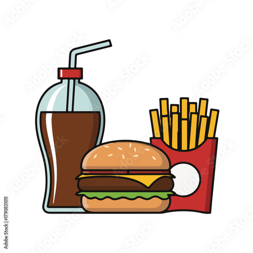 Hamburger with french fries and soda