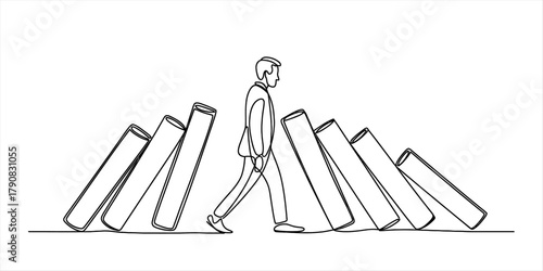 Single continuous line drawing of a determined businessman walking through falling domino-like obstacles, representing crisis navigation. Vector