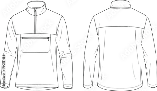 Long sleeve pullover technical sketch, front back view, zipper collar, chest pocket, fashion CAD drawing, apparel design, garment construction