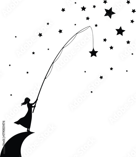 Woman silhouette fishing for stars, reaching dreams and ambition.