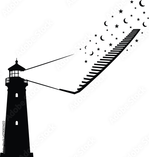 Lighthouse stairway to celestial dreams, guiding light journey upward