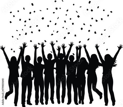 Celebration of happy people in silhouette with falling confetti