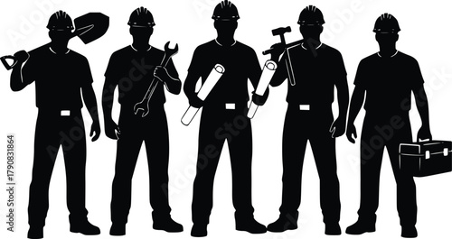 Silhouettes of five diverse skilled workers with tools and plans