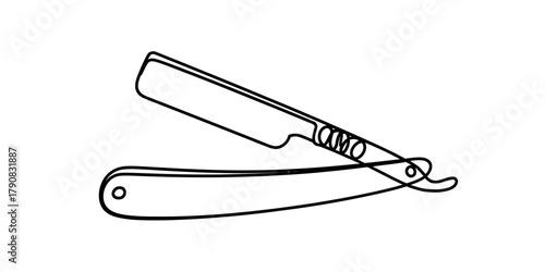 A classic straight razor with an exposed blade, depicted in a minimalist black outline illustration on a clean, isolated background, perfect for barbershop themes. Vector