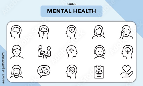 Mental Health Line Icons Pack – Psychology, Therapy, and Wellness Symbols