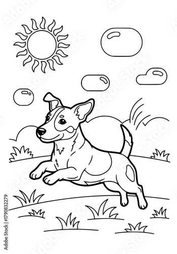 Jack Russell Terrier dog frolics in nature. coloring book