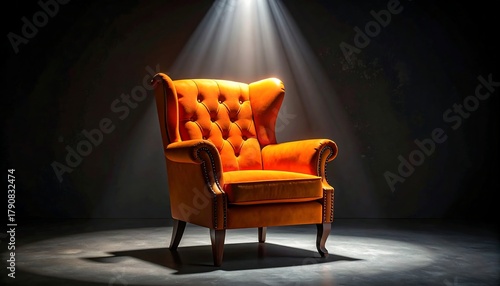 Plush orange armchair center-stage, bathed in radiant spotlight against a dark backdrop