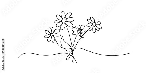 Continuous single line art drawing of delicate daisy-like flowers forming a minimalist bouquet, ideal for elegant spring nature designs. Vector