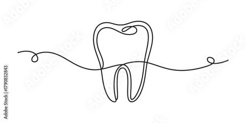 Minimalist continuous line art drawing of a human tooth, representing dental health, oral care, dentistry, and hygiene concepts, simple elegant vector icon Vector