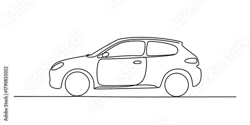 Continuous line art illustration of a modern compact car, minimalist outline drawing depicting the side profile of a contemporary hatchback vehicle. Vector
