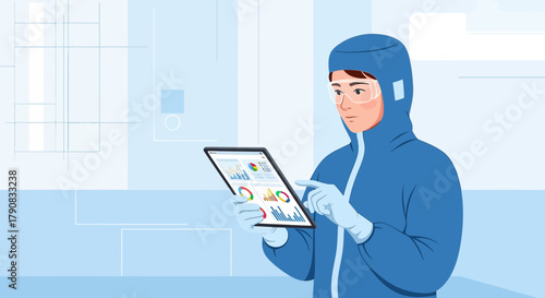 Scientist in clean suit analyzing data on tablet in lab for research and development process
