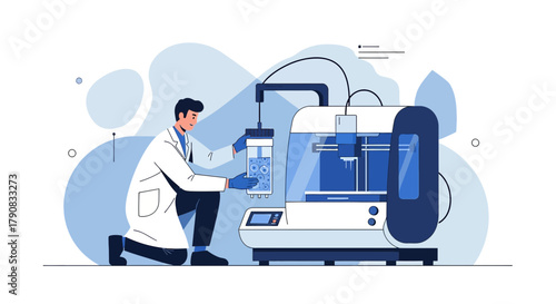Scientist in lab coat using bioprinting machine for innovative research project
