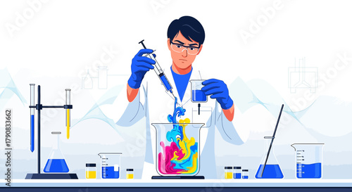 Scientist performing chemical experiments with beakers and colorful liquids in laboratory