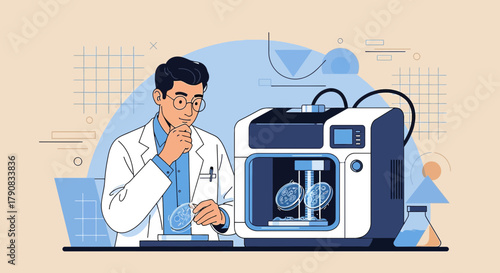 Scientist researches microorganisms using advanced 3D bioprinting technology in laboratory