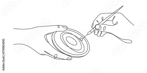 Line art illustration of hands performing a scientific experiment, holding a petri dish and an instrument, depicting lab research. Vector