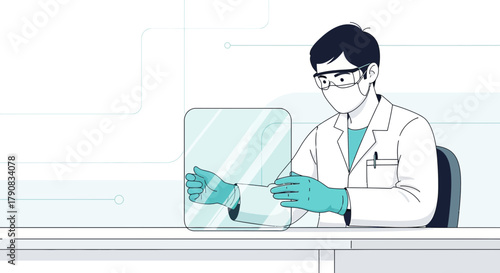 Scientist working in laboratory with clear shield for protection and safety practices following