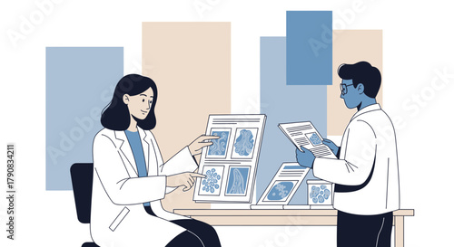 Scientists discussing medical research, analysis and collaboration for healthcare innovation and