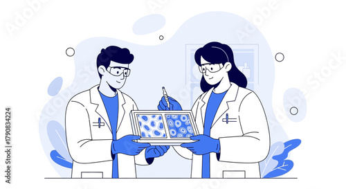 Scientists analyzing cell cultures for medical research and biotechnology advancement in a